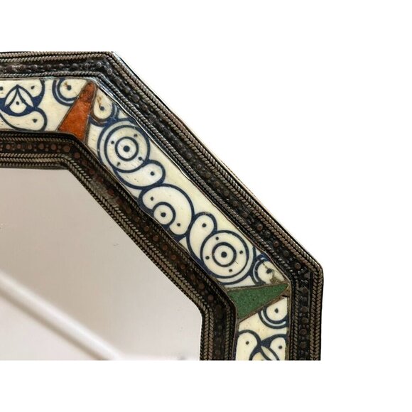 Vintage Octagonal Mirror With Hand-Painted Ceramic Tile Design - 8" x 8" - Picture 2 of 5